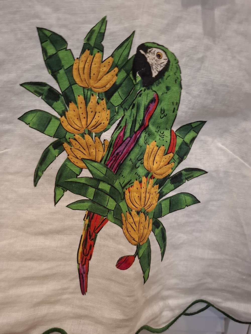 Farm Rio XS Parrot Embroidered Linen Top - Cream & Green, Stain On Sleeve - Picture 2 of 5